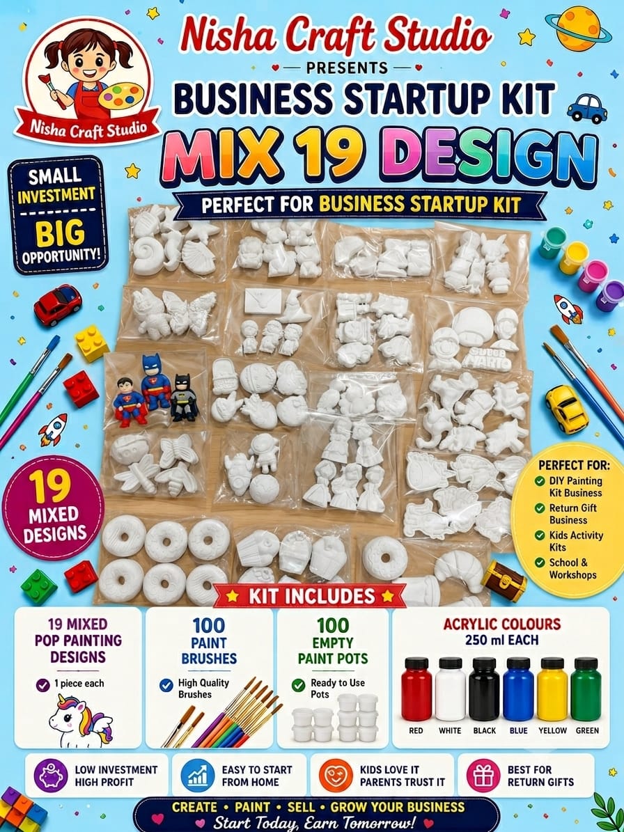 19 kits with Acrylic 6 colour, Empty pot 100 , Brush 100 . Best for startup business kit