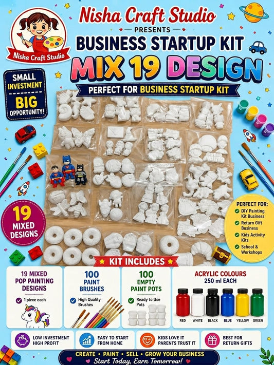 19 kits with Acrylic 6 colour, Empty pot 100 , Brush 100 . Best for startup business kit