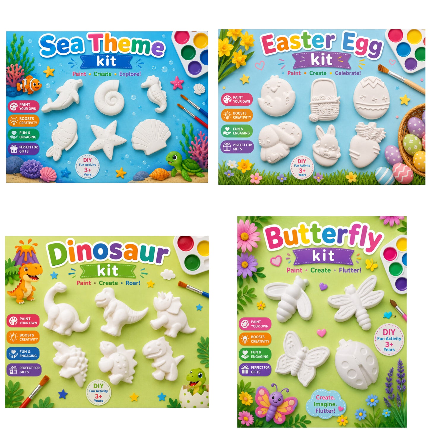 57 kits Each Design 3 set with Acrylic 6 color 500ml each , Empty pot 150 , Brush 150 . Best for startup business kit