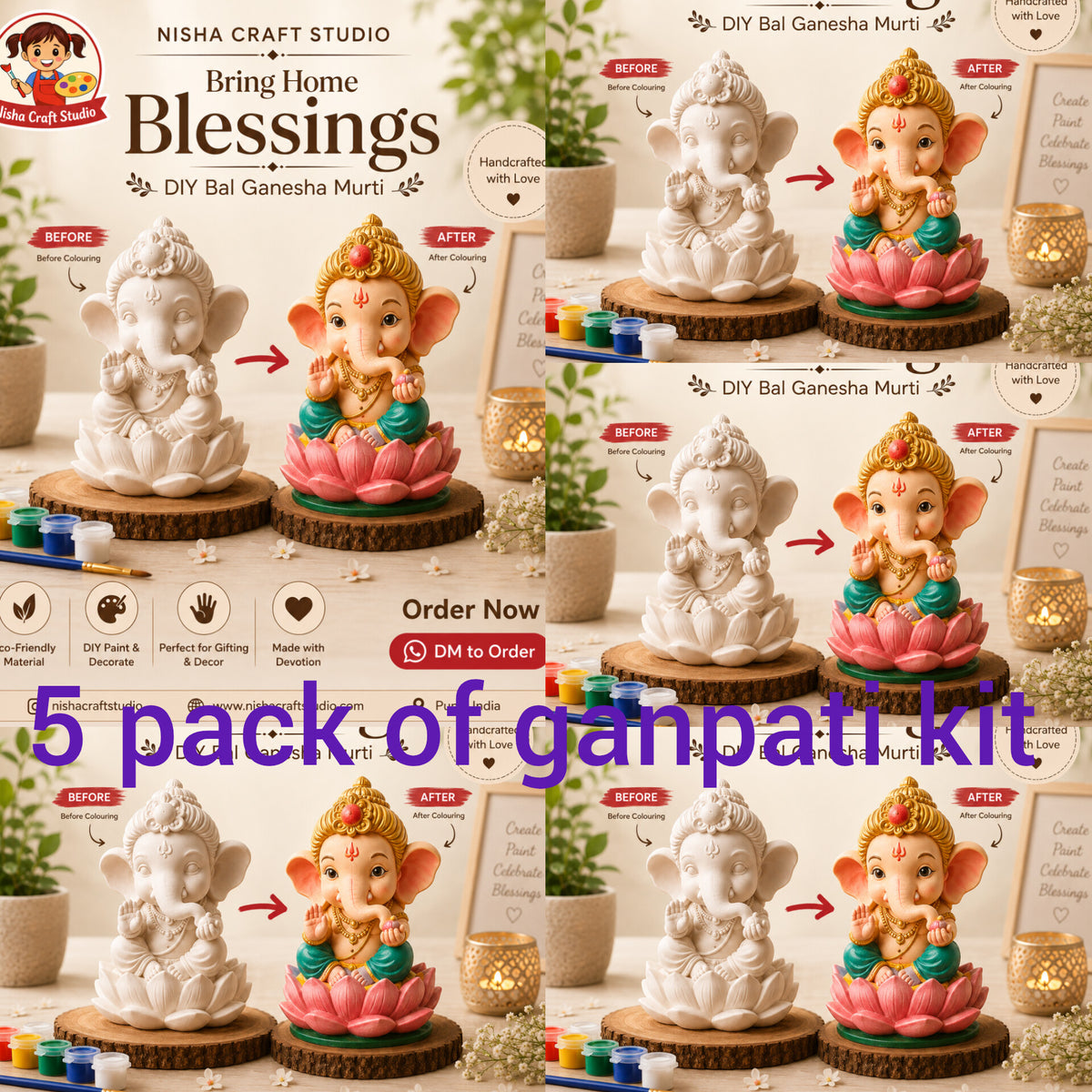 Bal Ganesh pack of 5 with colour and brush