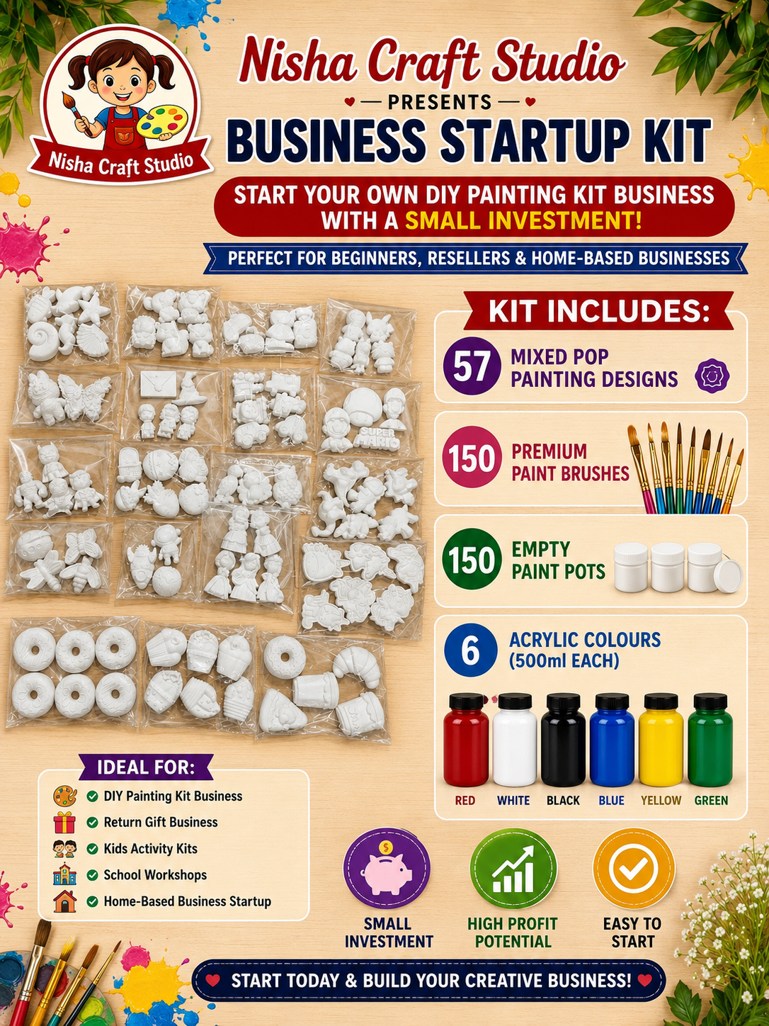 57 kits Each Design 3 set with Acrylic 6 color 500ml each , Empty pot 150 , Brush 150 . Best for startup business kit