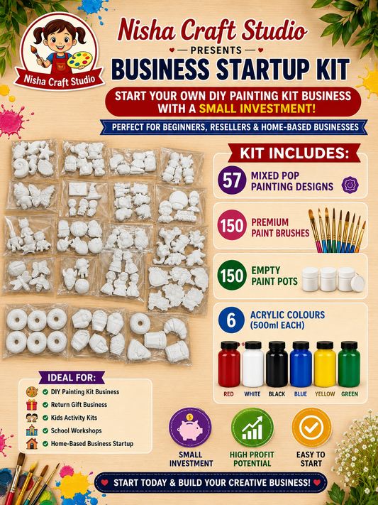 57 kits Each Design 3 set with Acrylic 6 color 500ml each , Empty pot 150 , Brush 150 . Best for startup business kit